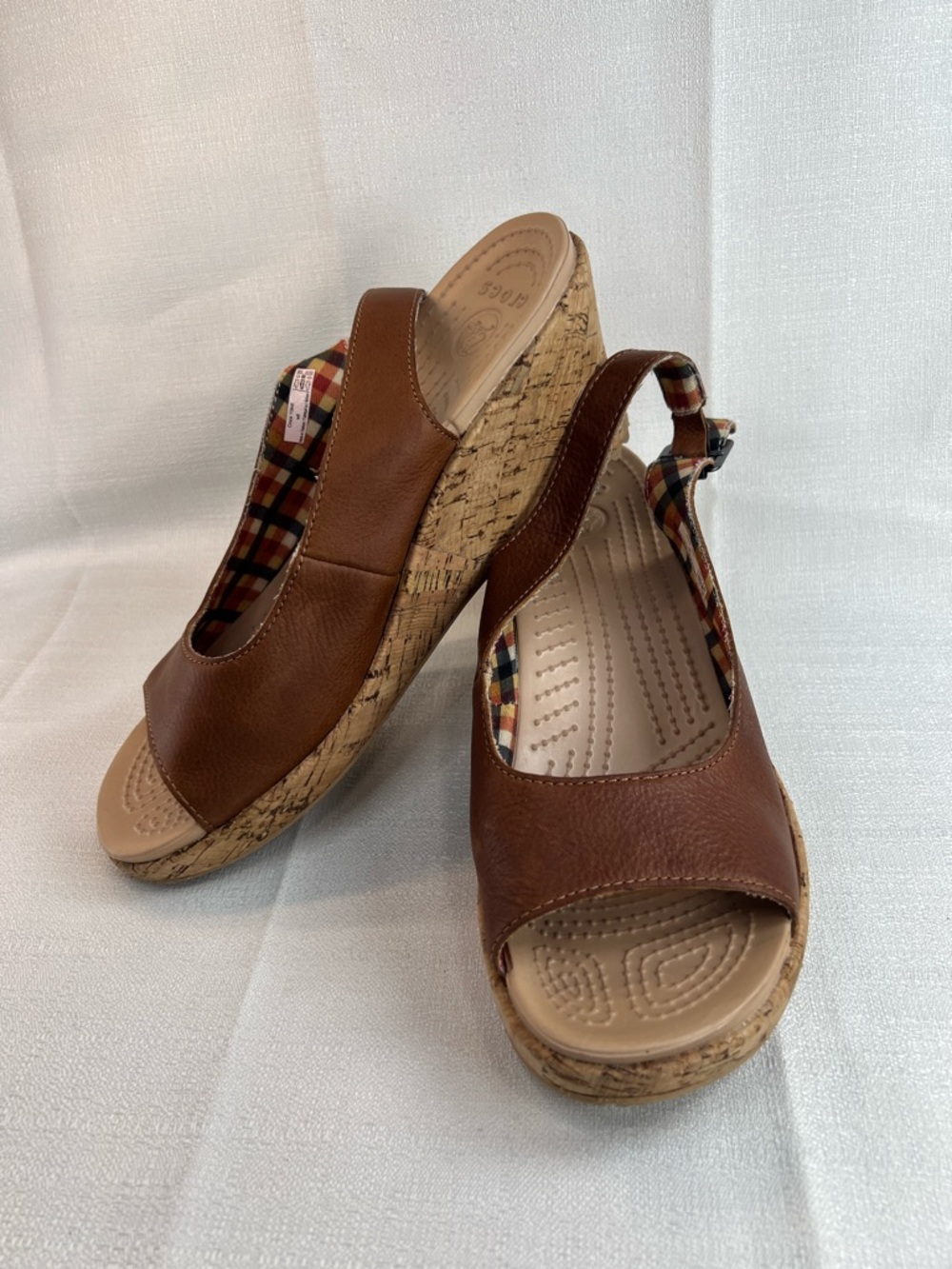 CROCS Brown Wedge Sandals 8,with Plaid Trim inside. Cork wedge - Picture 3 of 6